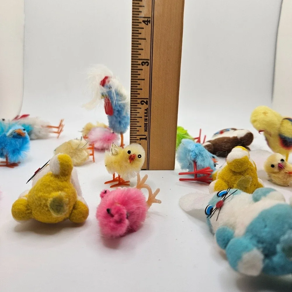 Vintage Flocked Easter Bunny & Chick Lot Feather Chicks Japan Style Spring Decor